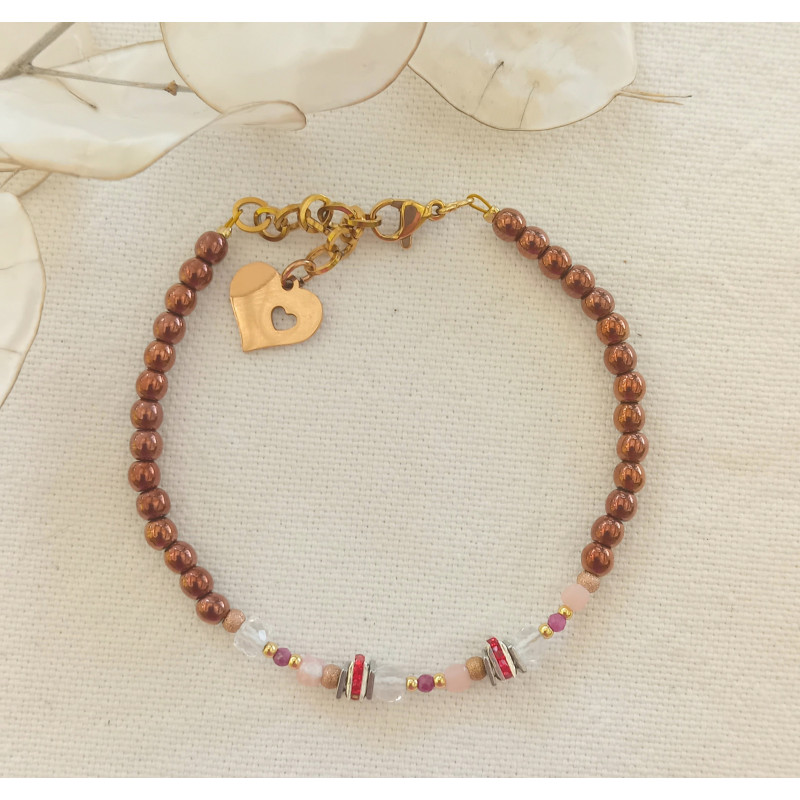 Bracelet Élégance – Rubis, Opale rose & Cristal de roche