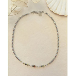 Ras de cou Élégance – Péridot Obsidienne noire & Cristal de roche