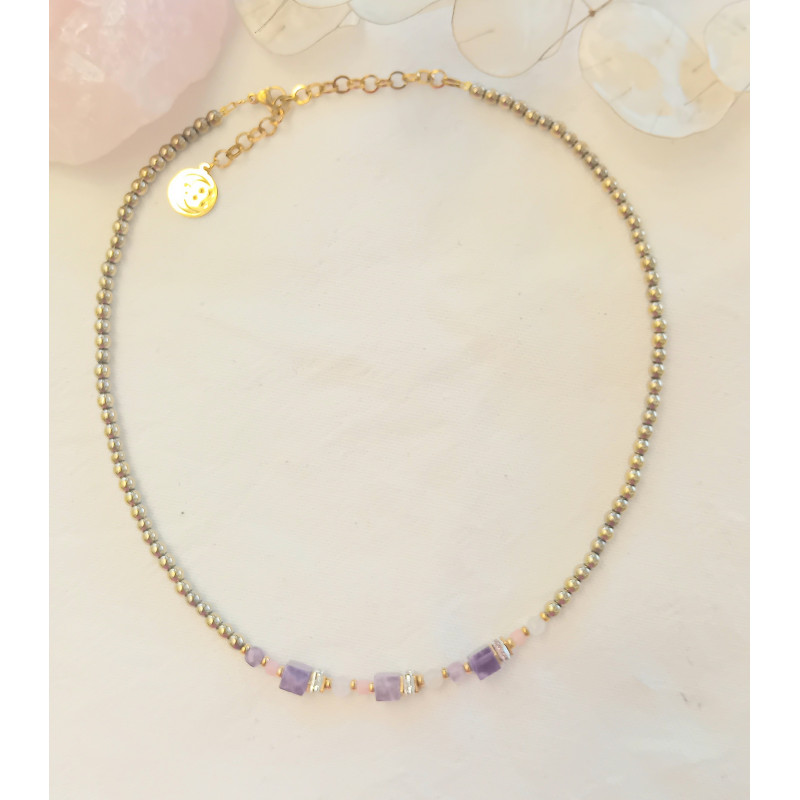 Collier élégance améthyste opale rose & quartz rose