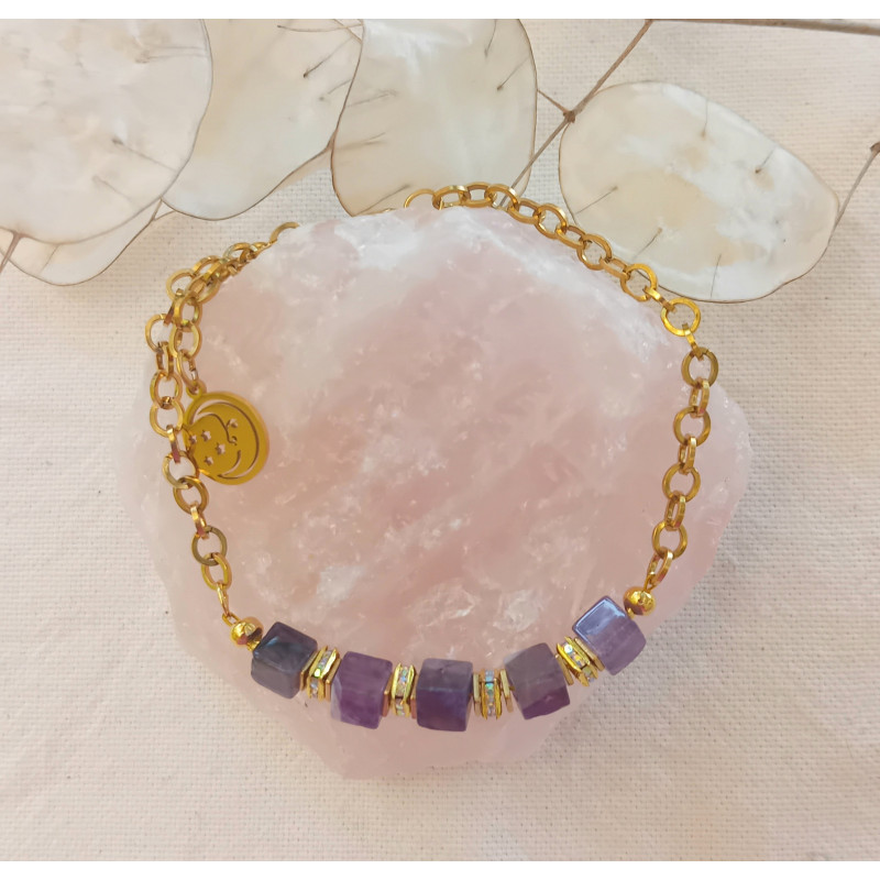 Bracelet élégance améthyste cube acier doré