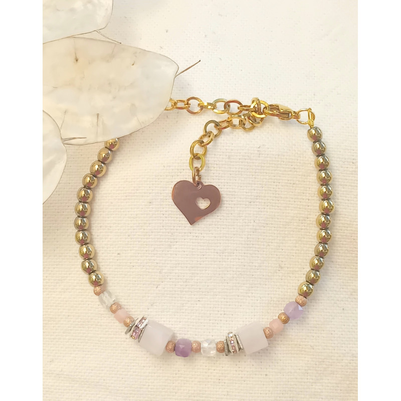 Bracelet élégance quartz rose cube opale rose améthyste cristal de roche hématite dorée