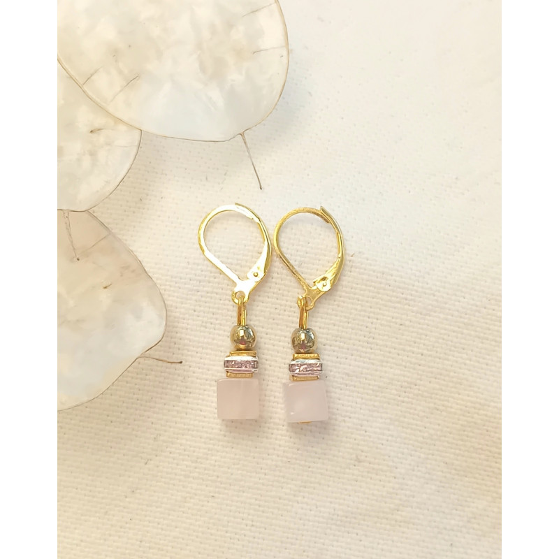 Boucles d'oreilles élégance quartz rose cube strass rose