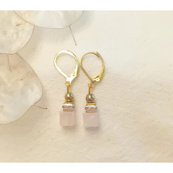 Boucles d'oreilles élégance quartz rose cube strass rose