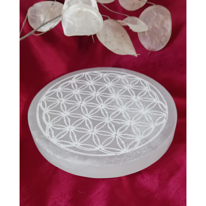 Plaque recharge Sélénite fleur de vie 12 cm