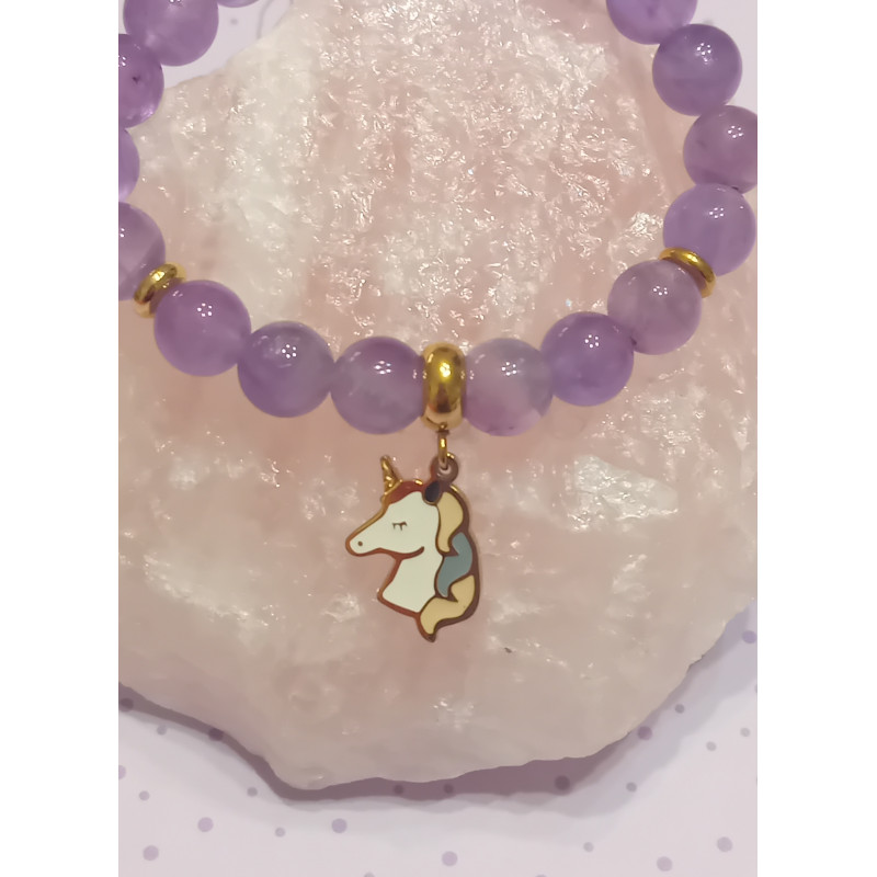 Bracelet enfant améthyste 8 mm licorne dorée