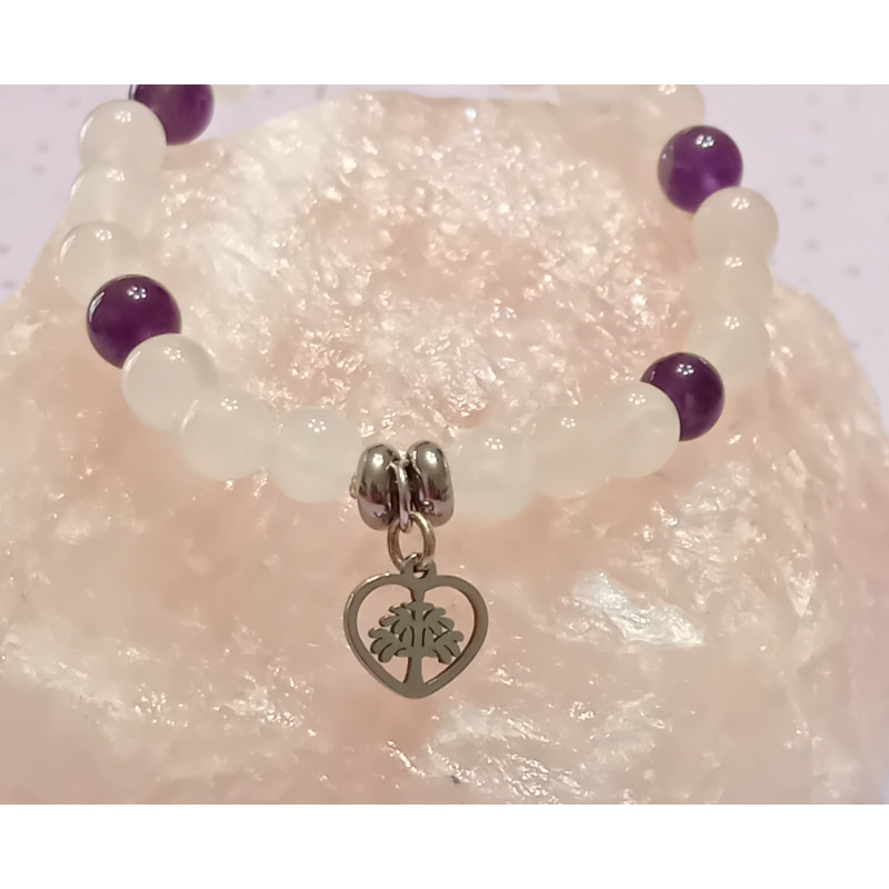 Bracelet enfant Améthyste & Quartz rose 6 mm – Arbre de Vie cœur