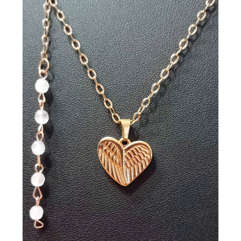 Pendentif cœur aile d'ange acier inoxydable rose quartz rose