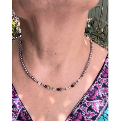 Ras de cou Élégance – Péridot Obsidienne noire & Cristal de roche