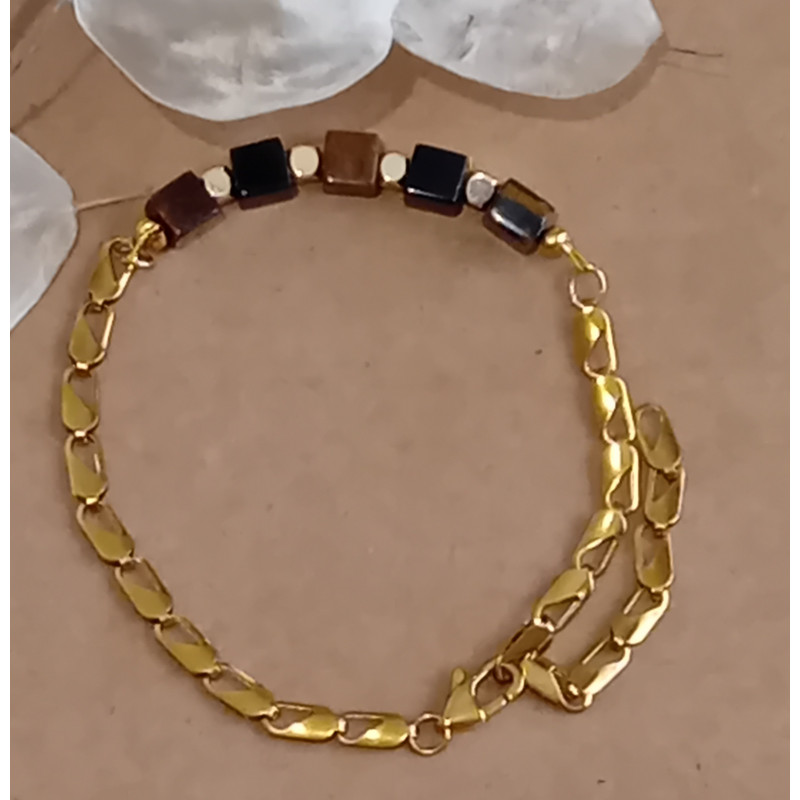 Bracelet œil du tigre et onyx doré
